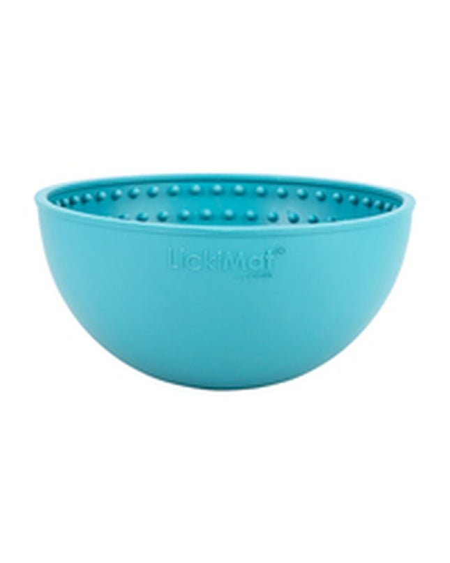 Lickimat Wobble turquoise rubber dog treat feeder for dogs, textured surface for engaging and slow feeding.