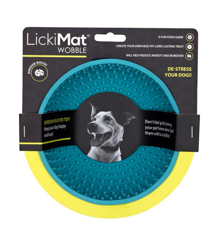 Lickimat Wobble turquoise rubber dog feeding bowl, durable and textured for engaging canine food or treat dispensing.