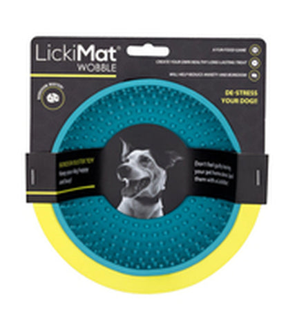 Lickimat Wobble turquoise rubber dog food bowl for dogs, designed to slow eating and provide mental stimulation.