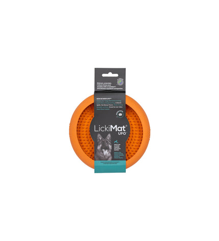 Orange rubber Lickimat dog feeder with modern design, ideal for canine enrichment and interactive feeding.