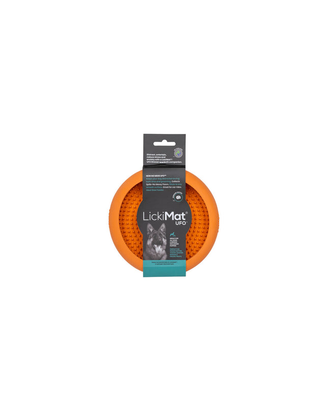 Orange rubber Lickimat dog feeder with modern design, ideal for canine enrichment and interactive feeding.