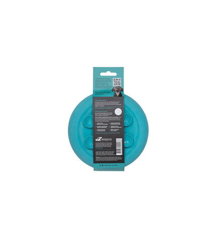 Turquoise rubber dog lick mat with textured surface, designed for canine feeding and enrichment by Lickimat.