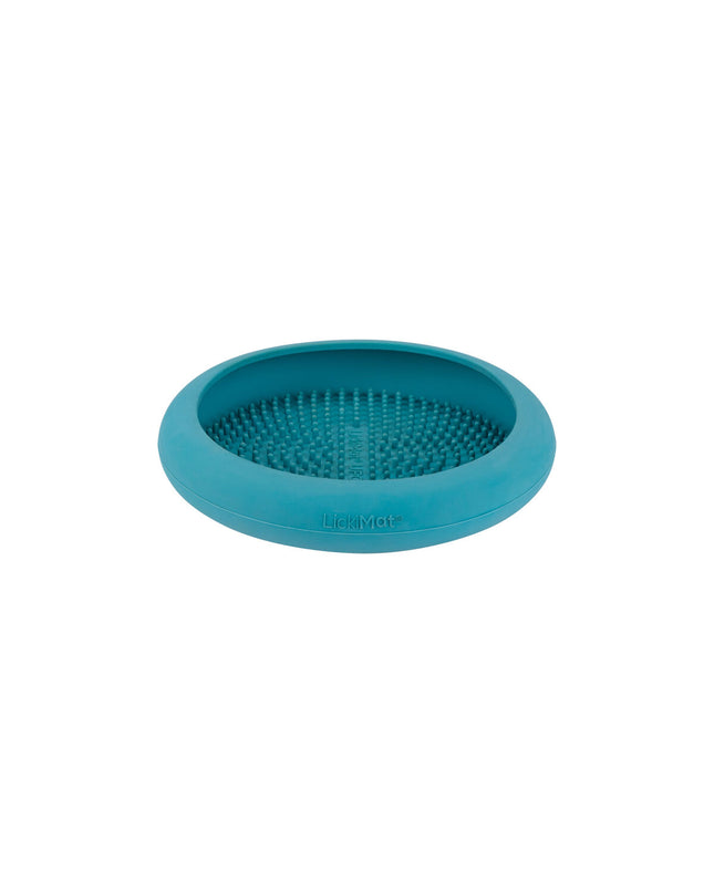 Lickimat Lickimat turquoise rubber dog feeding mat for dogs, made of durable silicone with textured surface for licking fun.