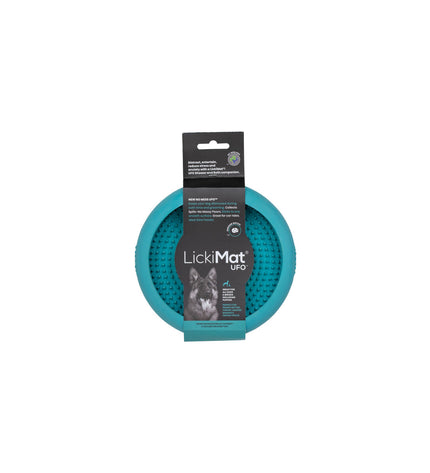 Turquoise rubber dog lickimat in Lickimat brand, designed to provide dogs with a fun, textured feeding experience.