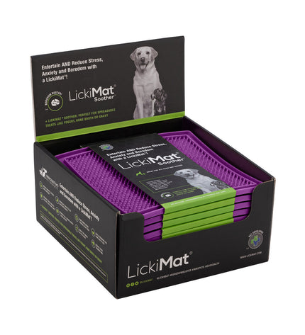 Purple TPR dog lickmat with a textured surface for licking and chewing, designed for dogs from the Lickimat brand.