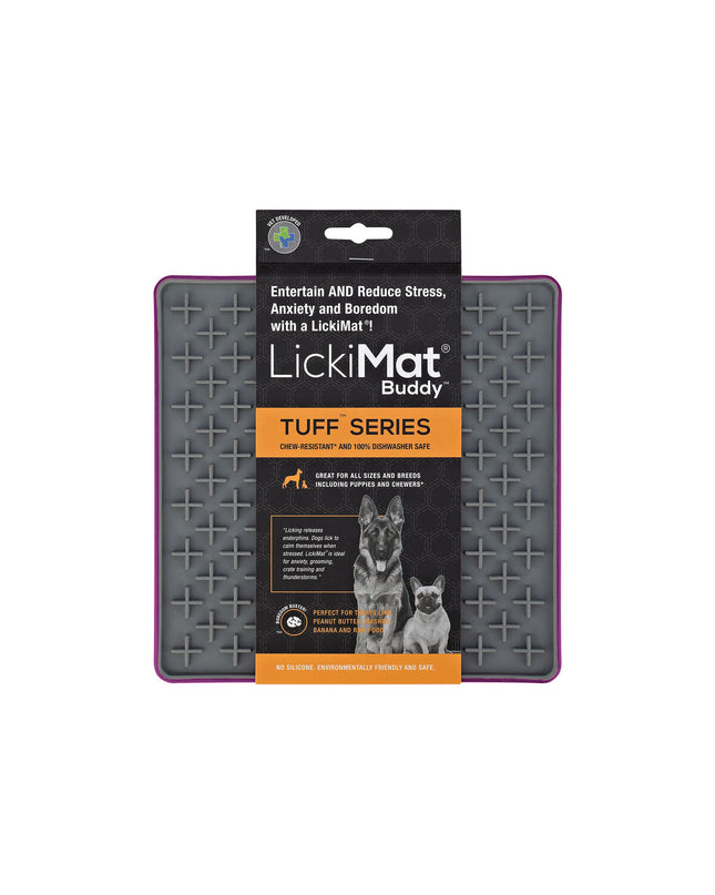 Purple Lickimat dog feeding tray made of polypropylene and TPR, designed for dogs to lick and enjoy.