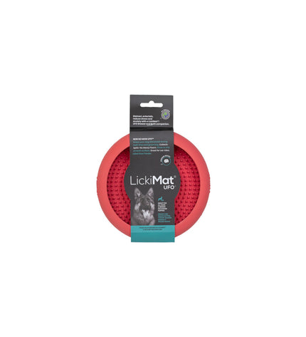 Pink rubber dog lickimat with a textured surface, designed for feeding and soothing dogs, from Lickimat dog products.