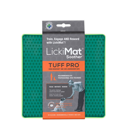 Green Lickimat dog feeder made of durable polypropylene and TPR, designed for interactive feeding and mental stimulation.