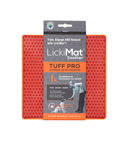 Orange Lickimat dog feeder made of polypropylene and TPR, designed for dogs to lick and enjoy.