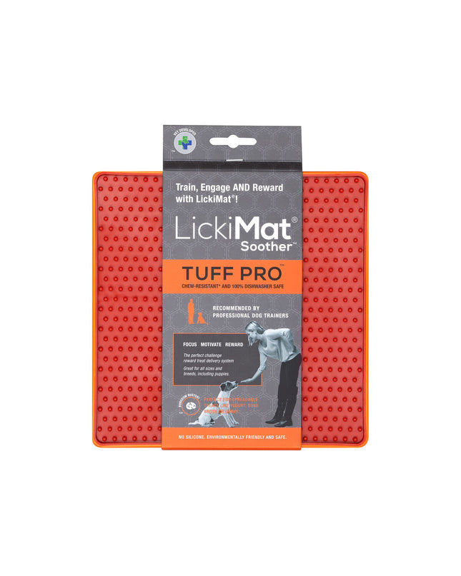Orange Lickimat dog feeder made of polypropylene and TPR, designed for dogs to lick and enjoy.