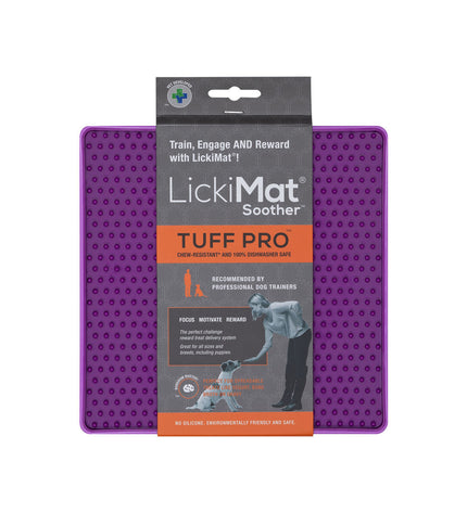 Purple Lickimat dog feeding tray made of polypropylene and TPR, designed for use with dogs to slow feeding and promote licking.