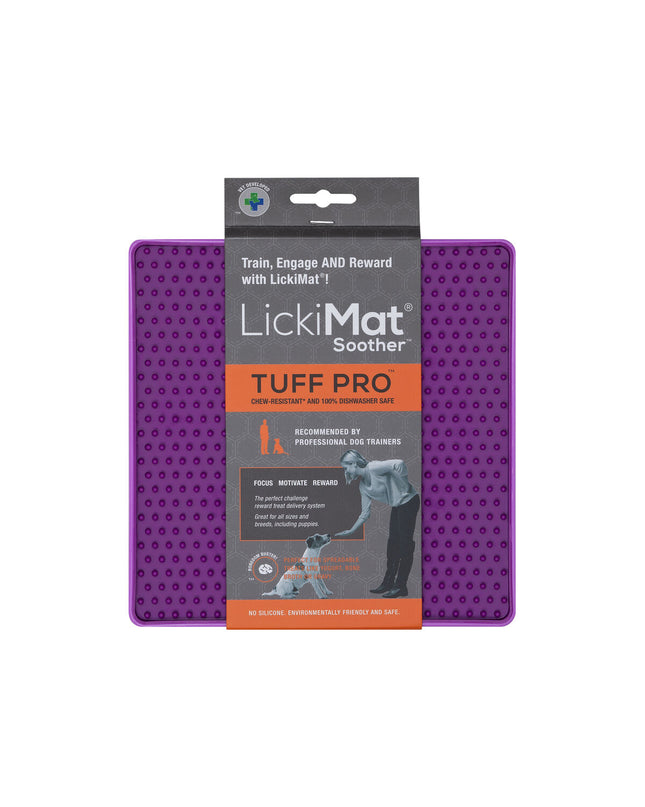 Purple Lickimat dog feeding tray made of polypropylene and TPR, designed for use with dogs to slow feeding and promote licking.
