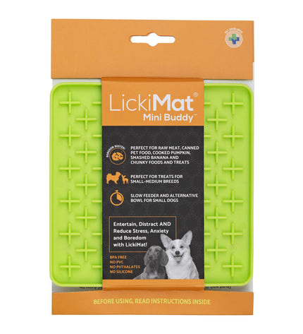 Green Lickimat dog feeding bowl made of TPR, designed for dogs, with textured surface for licking and feeding comfort.