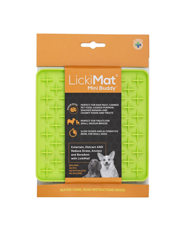 Green Lickimat dog feeding bowl made of TPR, designed for dogs, with textured surface for licking and feeding comfort.