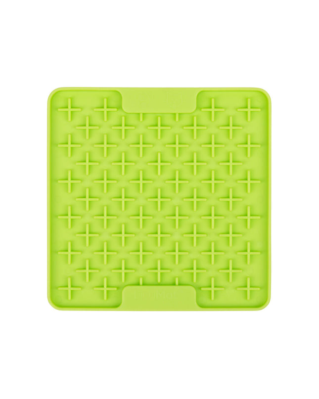 Green TPR dog lick mat from Lickimat with textured surface for calming and interactive feeding for dogs.