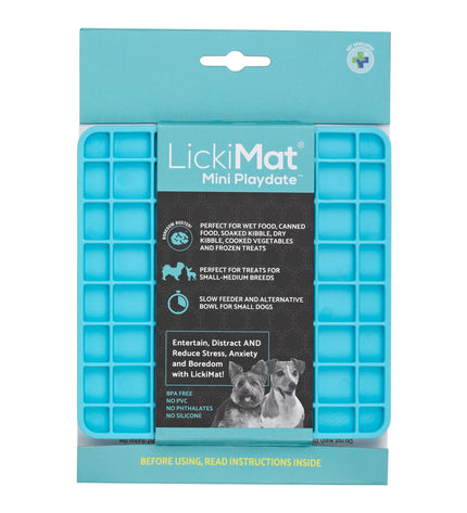 Turquoise Lickimat dog feeder made of TPR rubber, designed to keep dogs entertained and promote slow feeding.