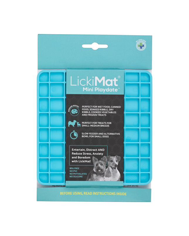 Turquoise Lickimat dog feeder made of TPR rubber, designed to keep dogs entertained and promote slow feeding.