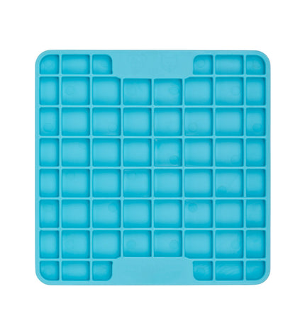 Turquoise Lickimat dog feeding tray made of TPR, designed for dogs to lick and chew, promoting healthy activity and mental stimulation.
