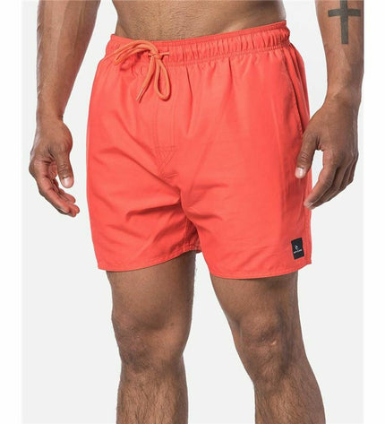 Red Rip Curl men's swim trunk with offset volley design, suitable for watersports and outdoor activities.
