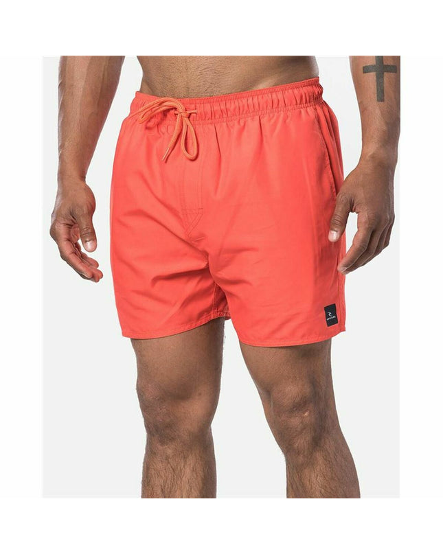Red Rip Curl men's swim trunk with offset volley design, suitable for watersports and outdoor activities.