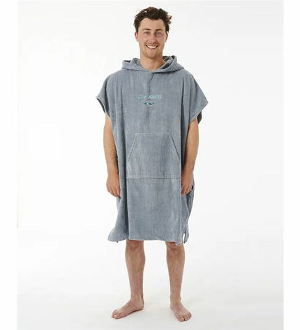 Rip Curl blue hooded poncho towel with logo, perfect for watersport and outdoor activities, featuring a comfortable, quick-drying fabric.