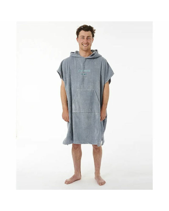 Rip Curl blue hooded poncho towel with logo, perfect for watersport and outdoor activities, featuring a comfortable, quick-drying fabric.