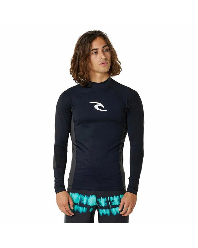 Rip Curl bad t-shirt with black waves design, designed for watersport and outdoor activities, featuring Rip Curl branding.