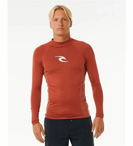 Rip Curl Waves Upf long-sleeve t-shirt for watersports, featuring branding and rip details, ideal for outdoor water activity.