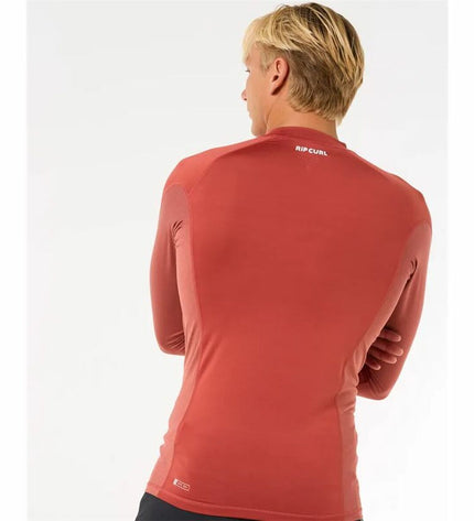 Rip Curl long-sleeve UPF watersport t-shirt with wave print and branding, ideal for outdoor and watersport activities.