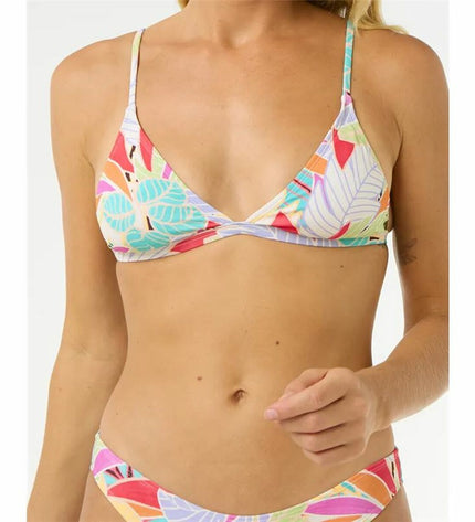Rip Curl Cala Vadella bikini top in blue, sporty women's swimwear for outdoor watersports, with supportive triangle design.