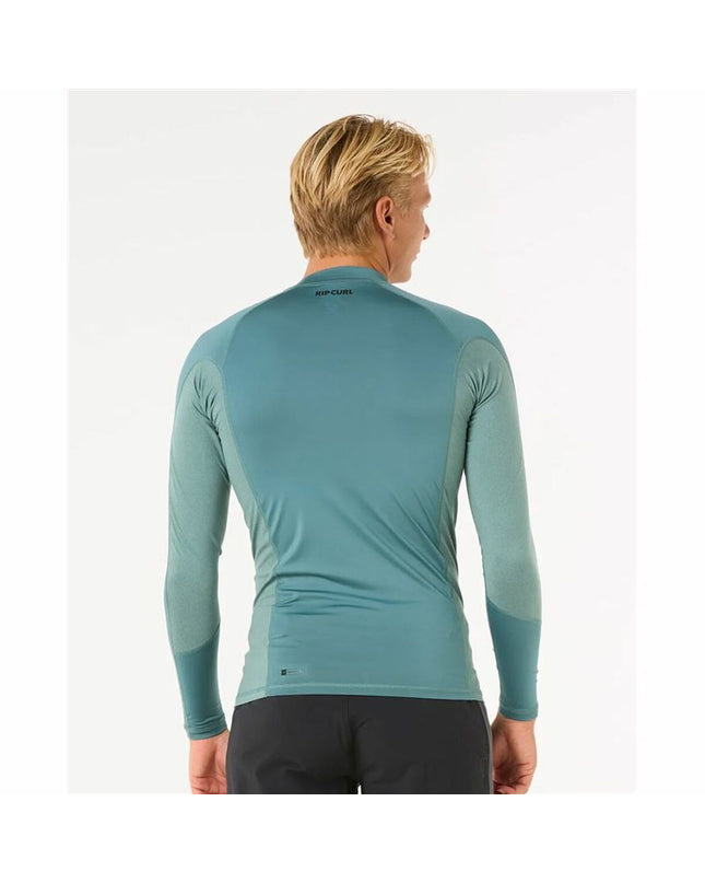 Rip Curl Waves Upf long-sleeve blue T-shirt, sports and outdoor watersport apparel with rip and wave design.