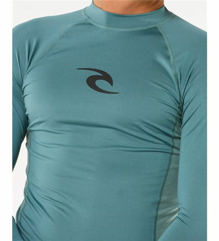 Rip Curl Waves UPF long-sleeve t-shirt in blue, designed for watersports and outdoor activities, featuring a sporty rip curl logo.