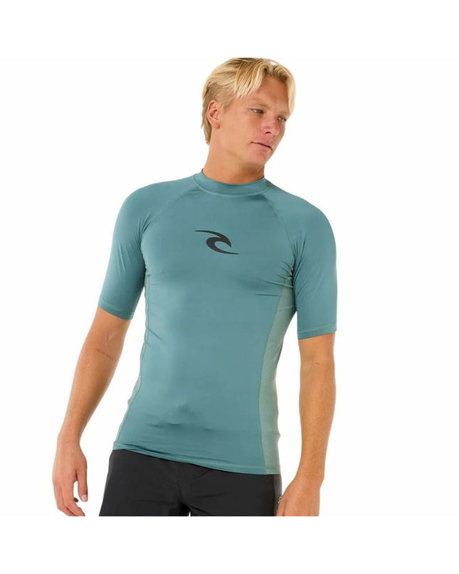 Rip Curl Waves UPF short-sleeve T-shirt in blue, sport and outdoor watersport shirt with rip and wave design.