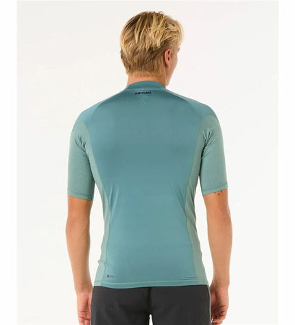 Rip Curl Waves UPF short-sleeve T-shirt in blue, designed for watersport and outdoor activities, with a wave graphic on the front.