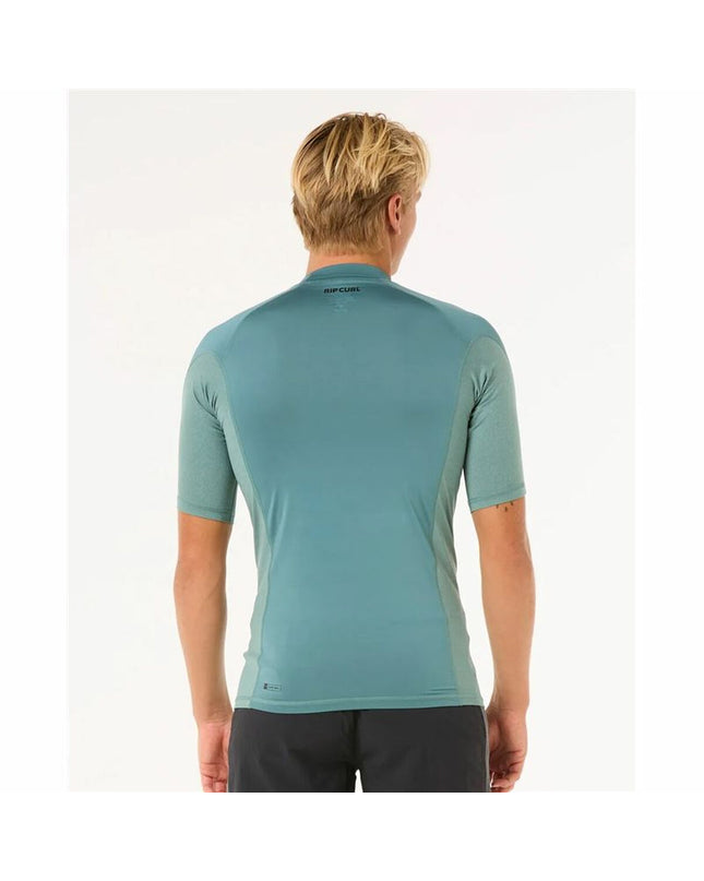 Rip Curl Waves UPF short-sleeve T-shirt in blue, designed for watersport and outdoor activities, with a wave graphic on the front.