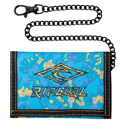 Rip Curl Kids Chain Surf blue wallet showing the front with zipper, card slots, and chain attachment for kids' travel accessories.