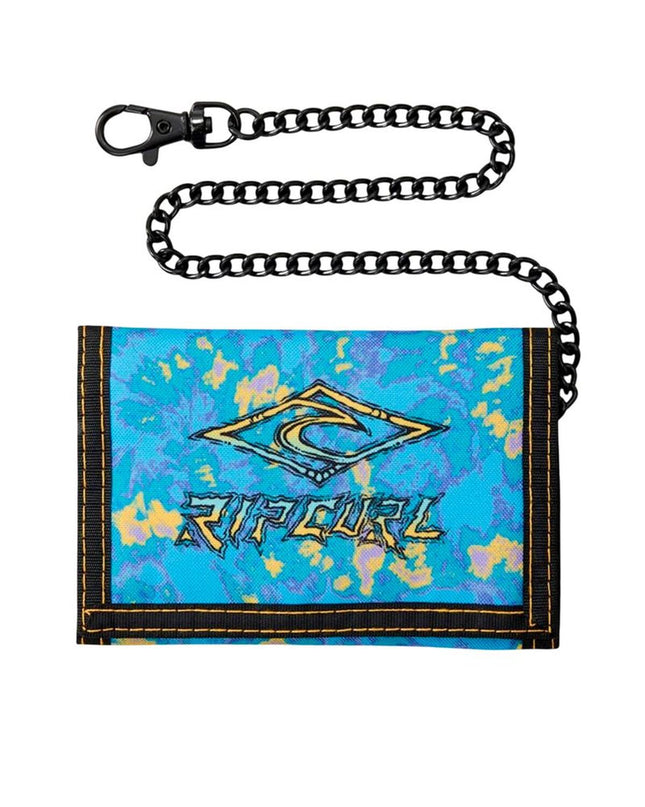 Rip Curl Kids Chain Surf blue wallet showing the front with zipper, card slots, and chain attachment for kids' travel accessories.