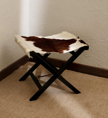 Folding Camp Stool | Genuine Hairon Leather & Natural Wood | Portable Rustic Seat for Camping, Patio & Home