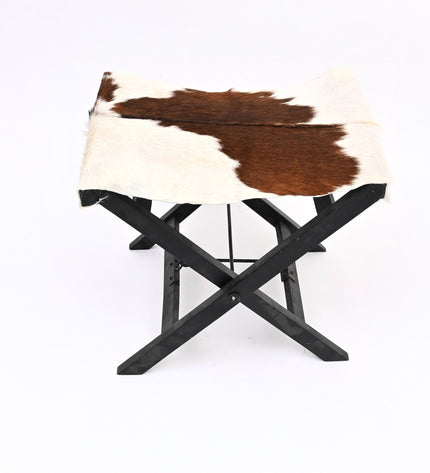 Folding Camp Stool | Genuine Hairon Leather & Natural Wood | Portable Rustic Seat for Camping, Patio & Home