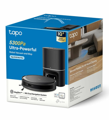 TP-Link TAPO RV20 MAX PLUS 45W steel vacuum cleaner for home cleaning, with a sleek modern design and cleaning attachments.
