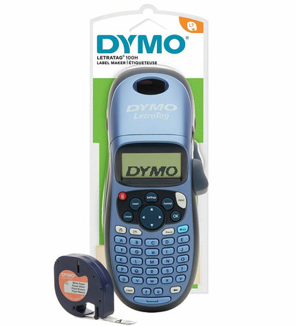 Dymo LT-100H manual label maker with blue tape, ideal for office labeling and organization in office electronics and stationery.