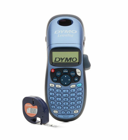 Dymo LT-100H manual label maker with blue tape, ideal for office labeling and organizing stationery supplies.