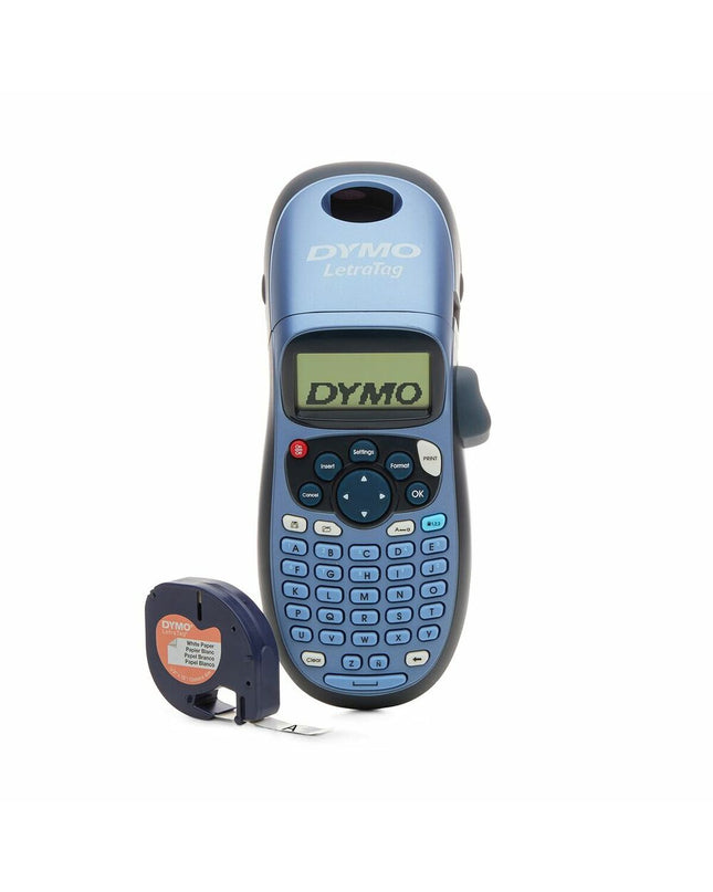 Dymo LT-100H manual label maker with blue tape, ideal for office labeling and organizing stationery supplies.