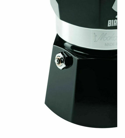 Black Bialetti Moka Express Italian coffee pot in aluminum, 200 ml for stovetop brewing.