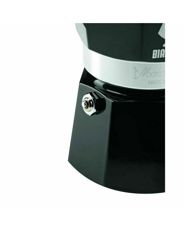 Black Bialetti Moka Express Italian coffee pot in aluminum, 200 ml for stovetop brewing.