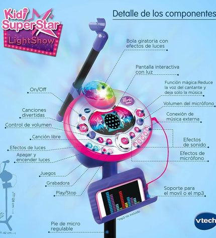 Vtech Kidi Super Star karaoke microphone toy with colorful lights and control buttons, designed for children’s electronic singing play