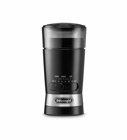 DeLonghi KG210 zwarte elektrische koffiemolen met roestvrijstalen maalschijf voor huis en keuken, ideaal voor koffie en thee.
