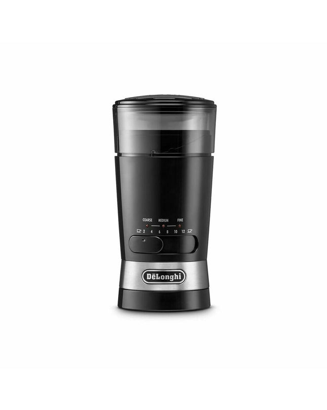 DeLonghi KG210 zwarte elektrische koffiemolen met roestvrijstalen maalschijf voor huis en keuken, ideaal voor koffie en thee.