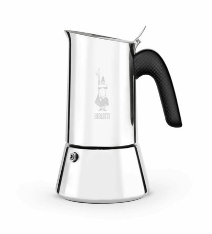 Bialetti New Venus Italian coffee pot in silver stainless steel for home brewing, classic stovetop moka maker.