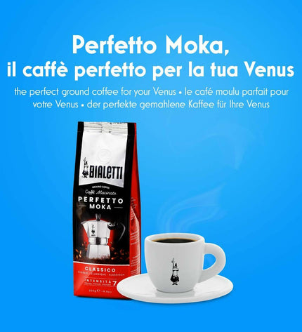 Bialetti New Venus Italian coffee pot in silver metal, stovetop moka maker for brewing espresso-style coffee.